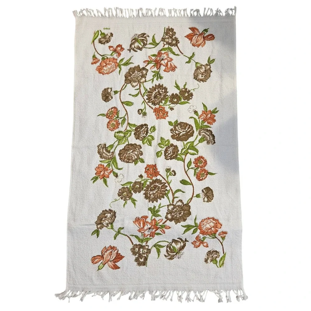 Vtg JCPenney Floral Hand Towel Fringed White Orange Brown 70s Retro USA Made NWT